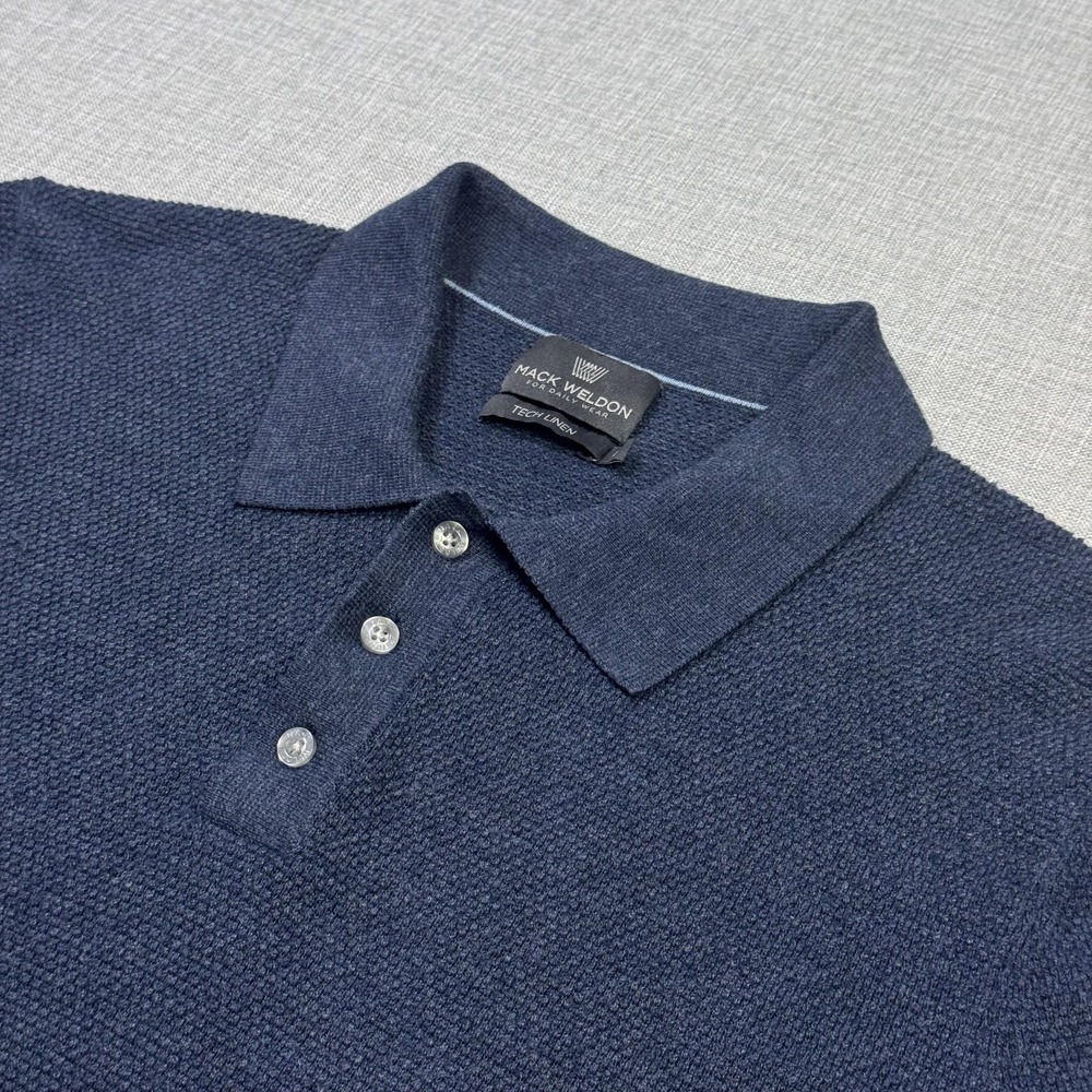Mack Weldon Tech Linen Polo Shirt Mens Large Blue Knit Moisture Wicking Casual